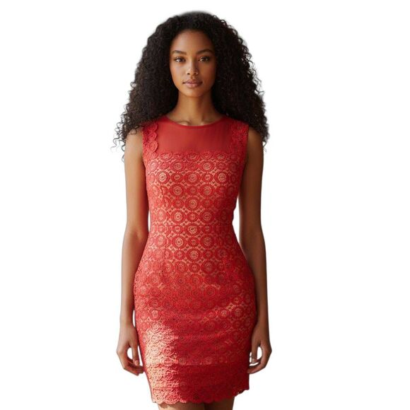 BEBE RED & NUDE LACE BODYCON DRESS SZ.XS EUC. - Picture 1 of 8